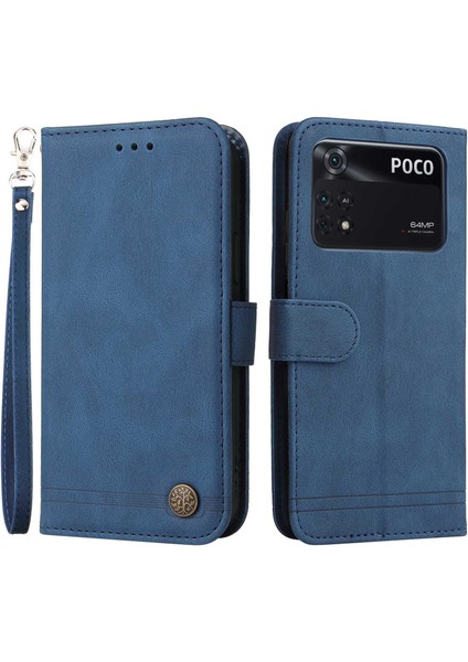 Xiaomi Poco M4 Için Pro Tree Desen Metal Düğmesi Deri Deri Telefon Kılıfı Çarpışma Karşıtı Stand Cüzdan Kapağı Strap-Mavi (Yurt Dışından)