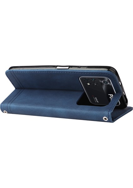 Xiaomi Poco M4 Için Pro Tree Desen Metal Düğmesi Deri Deri Telefon Kılıfı Çarpışma Karşıtı Stand Cüzdan Kapağı Strap-Mavi (Yurt Dışından) indirimleri