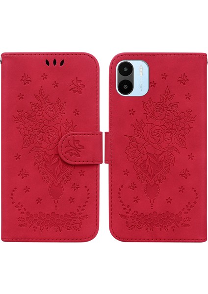 Xiaomi Için Redmi A1 4g/a2 4g Gül Kelebek Baskılı Pu Deri Telefon Kılıfı Stand Özelliği Magnicy Cüzdan Telefon Kapağı Kayış Kırmızısı (Yurt Dışından)