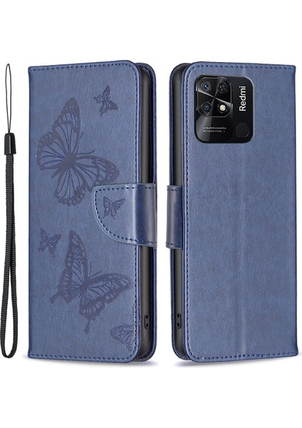 Bf Baskı Desen Kelebekleri Xiaomi Redmi Için Baskı Telefon Kılıfı 10C Şok Geçirmez Cüzdan Strap-Dark Mavi ile Telefon Deri Kapağı (Yurt Dışından)