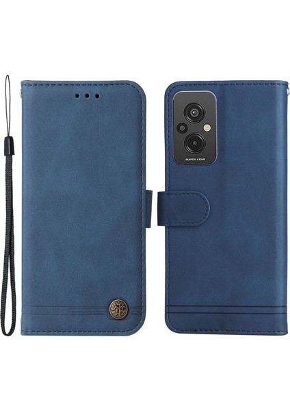 Xiaomi Redmi Için 11 Prime 4g Pu Deri Deri Flip Cüzdan Telefon Kılıfı Stand Özellik Ağaç Desen Metal Düğmesi Dekor Çizgileri Baskılı Strap-Mavi ile Cilt Touch Kapağı (Yurt Dışından)