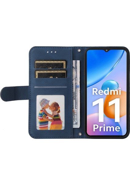 Xiaomi Redmi Için 11 Prime 4g Pu Deri Deri Flip Cüzdan Telefon Kılıfı Stand Özellik Ağaç Desen Metal Düğmesi Dekor Çizgileri Baskılı Strap-Mavi ile Cilt Touch Kapağı (Yurt Dışından) fiyatları