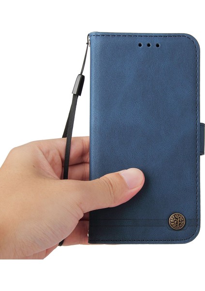 Xiaomi Redmi Için 11 Prime 4g Pu Deri Deri Flip Cüzdan Telefon Kılıfı Stand Özellik Ağaç Desen Metal Düğmesi Dekor Çizgileri Baskılı Strap-Mavi ile Cilt Touch Kapağı (Yurt Dışından) indirimleri