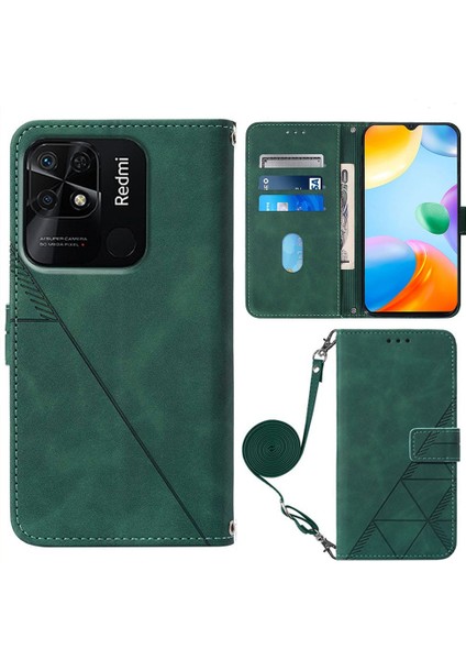 Xiaomi Için Redmi 10C/REDMI 10 (Hindistan) Pu Deri Kapak Çizgileri Baskılı Cüzdan Stand Flip Telefon Kılıfı Omuz Kayışı-Blackish Yeşil (Yurt Dışından)