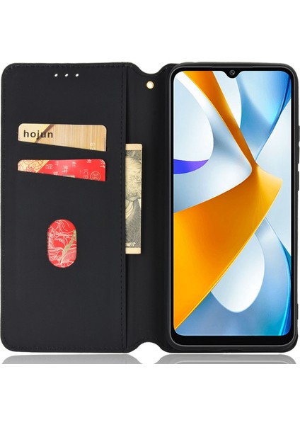 Xiaomi Için Poco C40 4g Pu Deri Stand Cüzdan Otomatik Kapatma Manyetik Telefon Kılıfı Baskılı Rhombus Desen Folio Flip Cover-Black (Yurt Dışından)