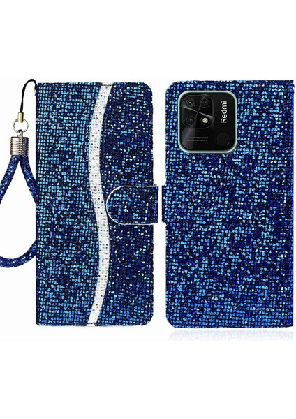 Xiaomi Redmi Için 10C Glitter Pu Deri Telefon Kılıfı Stand Manyetik Kapatma Bling El Strap-Mavi ile Şok Geçirmez Flip Kapak (Yurt Dışından)