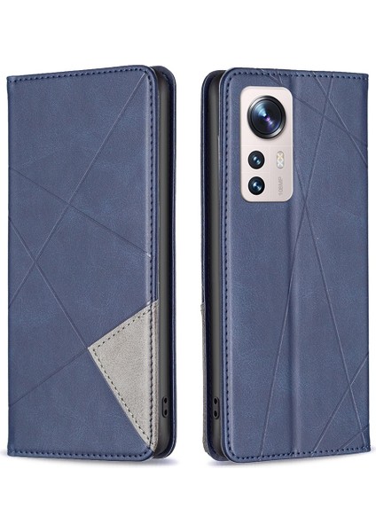 Xiaomi Için 12 Lite Geometrik Basılı Manyetik Otomatik Ahmsorbed Pu Deri Kapak Kart Tutucu Stand Iç Tpu Kasa Mavisi (Yurt Dışından)