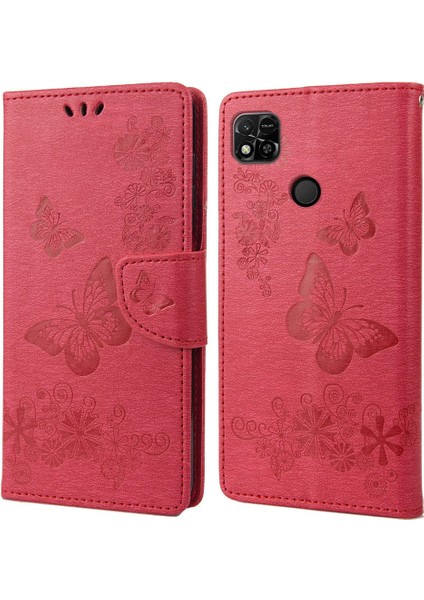 Xiaomi Için Redmi 10A Pu Deri Kelebek Çiçeği Baskılı Kılıf Stand Cüzdan Tasarım Telefon Koruyucu Kapak-Kırmızı (Yurt Dışından)