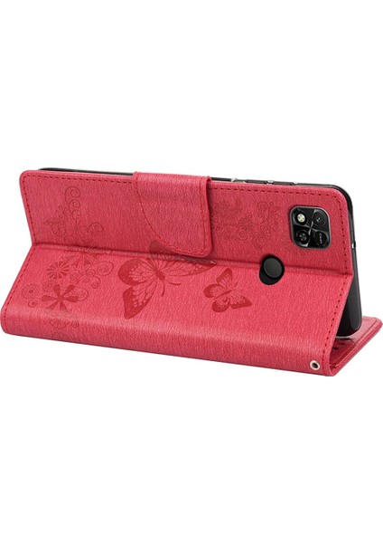 Xiaomi Için Redmi 10A Pu Deri Kelebek Çiçeği Baskılı Kılıf Stand Cüzdan Tasarım Telefon Koruyucu Kapak-Kırmızı (Yurt Dışından) modelleri
