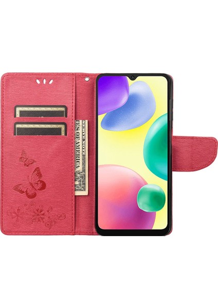 Xiaomi Için Redmi 10A Pu Deri Kelebek Çiçeği Baskılı Kılıf Stand Cüzdan Tasarım Telefon Koruyucu Kapak-Kırmızı (Yurt Dışından) fırsatları