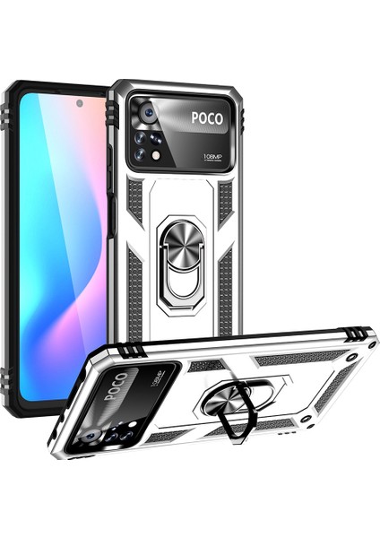 Xiaomi Poco X4 Pro 5g Yüzük Kickstand Telefon Kılıfı Yumuşak Tpu+Sert Pc Askeri Şok Geçirmez Koruyucu Kapak Silver (Yurt Dışından)