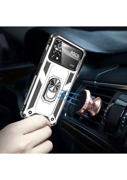 Xiaomi Poco X4 Pro 5g Yüzük Kickstand Telefon Kılıfı Yumuşak Tpu+Sert Pc Askeri Şok Geçirmez Koruyucu Kapak Silver (Yurt Dışından) fırsatları