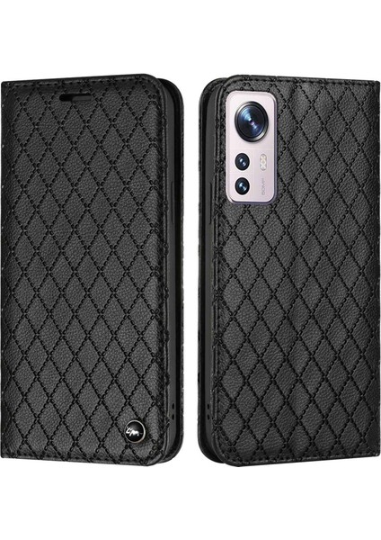 Xiaomi Için 12 Lite 5g Kabartma Rhombus Desen Litchi Doku Manyetik Pu Deri Stand Kılıfı Rfıd Blowantıce Telefon Cüzdan Kapak Black (Yurt Dışından)