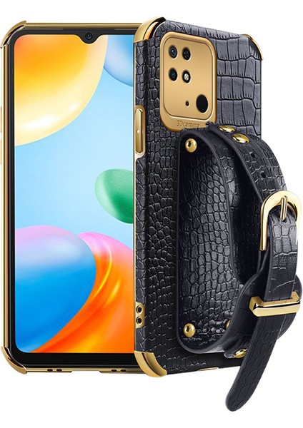 Xiaomi Redmi Için 10C Elektrapılaşma Timsah Doku Pu Deri Kaplamalı Tpu Kılıf El Kayışı Kickstand Telefon Kapak Black (Yurt Dışından)