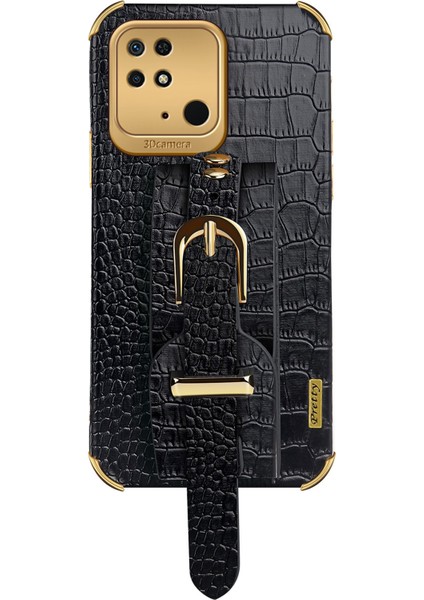Xiaomi Redmi Için 10C Elektrapılaşma Timsah Doku Pu Deri Kaplamalı Tpu Kılıf El Kayışı Kickstand Telefon Kapak Black (Yurt Dışından) modelleri