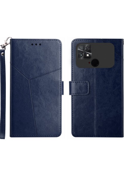 Xiaomi Için Poco C40 4g HT01 Cüzdan Stand Özelliği Baskılı Y Şeklinde Çizgiler Telefon Kılıfı Pu Deri Anti-Düşme Kabuğu Strap-Mavi (Yurt Dışından)