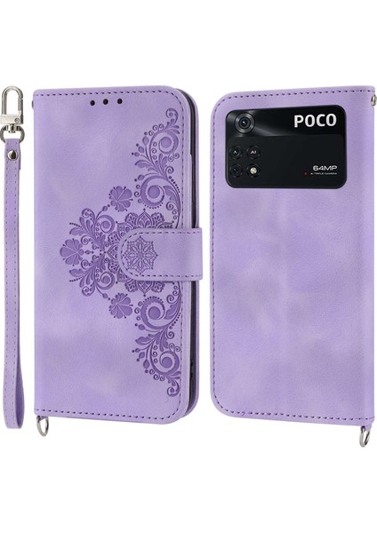 Xiaomi Poco M4 Pro 4g Için Çoklu Kart Yuvası Telefon Kasası, Baskılı Çiçekler Pu Deri Stand Cilt Touch Anti-Çizelge Telefon Kapağı Bilek Kayışı ve Omuz Kayış Işığı Mor ile (Yurt Dışından)