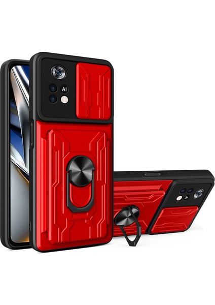 Xiaomi Poco X4 Pro 5g Slayt Kamera Kapağı Pc+Tpu Kart Tutucu Telefon Kılıfı ile Ring Kickstand-Red (Yurt Dışından)