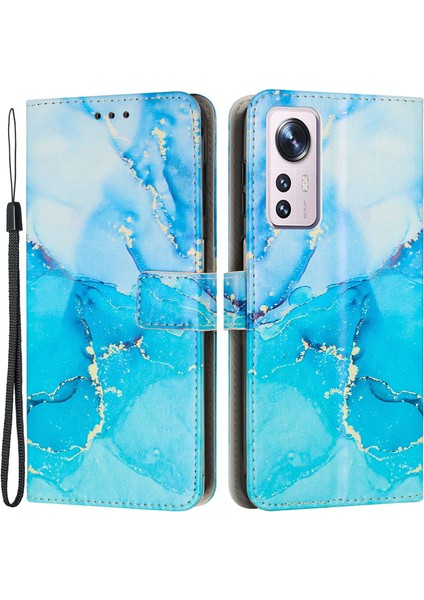 Xiaomi Için Cüzdan Telefon Kılıfı 12 Lite 5g Koruyucu Koruyucu Mermer Desen Baskı Stand-Mavi/yeşil ile Şok Geçirmez Kapak (Yurt Dışından)