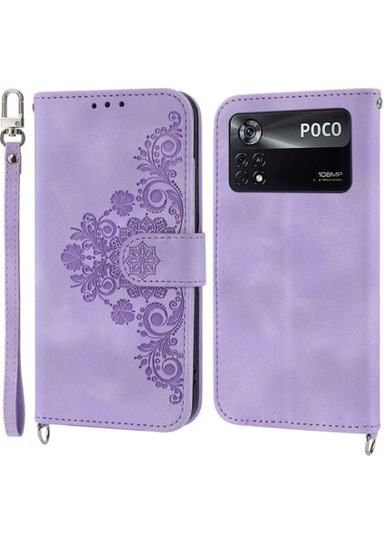 Baskılı Çiçekler Xiaomi Poco X4 Pro 5g Için Stand Kılıfı, Cilt Touch Pu Deri Çoklu Kart Yuvaları Telefon Cüzdan Kapağı Bilek Kayışı ve Omuz Kayışı Işık Moru (Yurt Dışından)