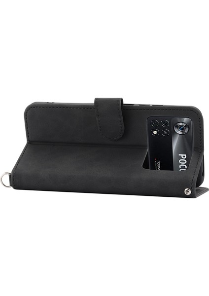 Baskılı Çiçekler Xiaomi Için Stand Kılıfı Poco X4 Pro 5g, Cilt Touch Pu Deri Çoklu Kart Yuvaları Telefon Cüzdan Kapağı Bilek Kayışı ve Omuz Kayışı Black (Yurt Dışından)