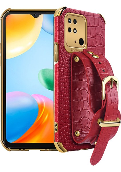 Xiaomi Redmi Için 10C Elektrapılaşma Timsah Doku Pu Deri Kaplamalı Tpu Kılıf El Kayışı Kickstand Telefon Kapak-Kırmızı (Yurt Dışından)