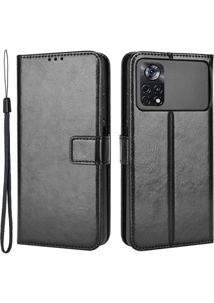 Xiaomi Için Poco X4 Pro 5g Çılgın At Dokusu Flip Cover Pu Deri Stand Cüzdan Şok Geçirmez Koruyucu Telefon Kasası, Bilek Kayış-Siyah (Yurt Dışından)