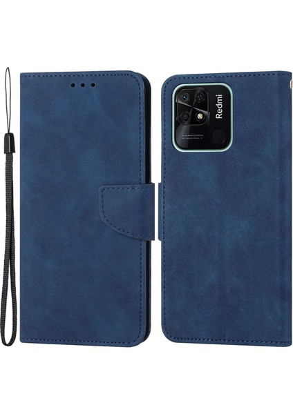 Xiaomi Redmi Için 10C Düz Renkli Deri Telefon Kılıf Katlanabilir Stand Tasarım Tam Vücut Koruma Telefon Kapak Mavisi (Yurt Dışından)