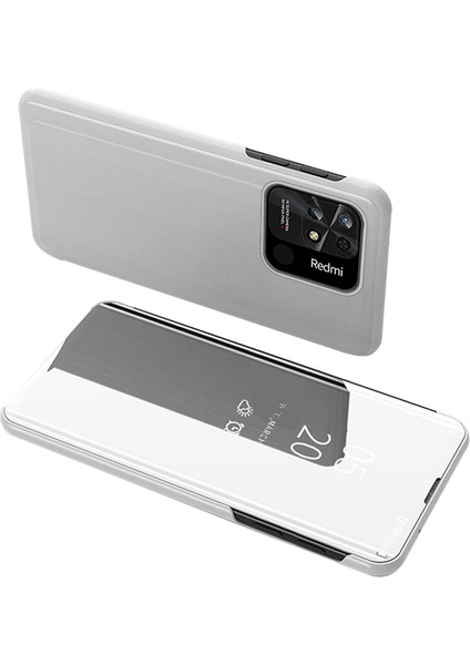 Xiaomi Redmi Için 10C Pencere Pencere Duran Kılıf Pu Deri Parlak Elektrogülasyon Ayna Makyaj Kapağı Kabuk-Silver (Yurt Dışından)