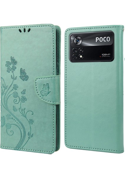 Xiaomi Için Poco X4 Pro 5g Kelebek Çiçeği Baskı Cüzdan Pu Pu Pu Deri Bilek Kayışı Stand Özellik Koruyucu Kapak Yeşili (Yurt Dışından)