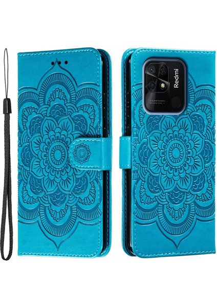Xiaomi Redmi 10C 4g Pu Deri Cüzdan Stand Kılıfı Mandala Çiçek Telefonu Kapak Mavisi (Yurt Dışından)