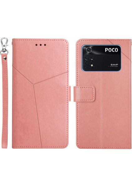 Xiaomi Poco M4 Pro 4g Için HT01 Pu Deri Telefon Kabuğu, Y Şeklinde Çizgiler Cüzdan Stand Telefon Kapak Pembe (Yurt Dışından)