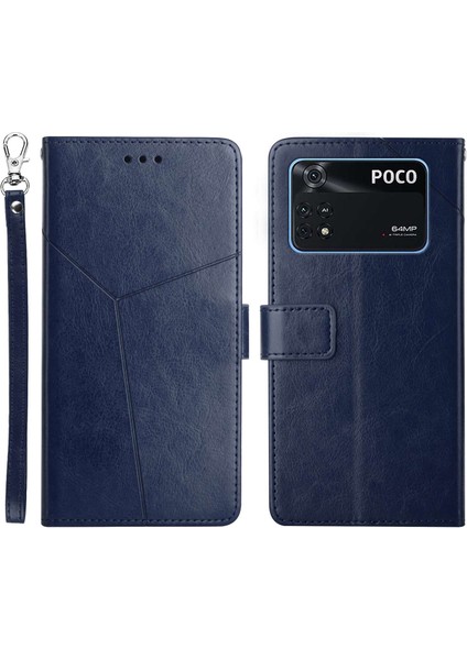 HT01 Pu Deri Telefon Kabuğu Xiaomi Poco M4 Pro 4g, Y Şeklinde Çizgiler Cüzdan Stand Telefon Kapak Mavisi (Yurt Dışından)