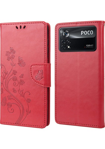 Xiaomi Poco X4 Pro 5g Kelebek Çiçeği Baskı Cüzdan Kılıf Pu Pu Deri Bilek Kayışı Stand Özellik Koruyucu Kapak-Kırmızı (Yurt Dışından)