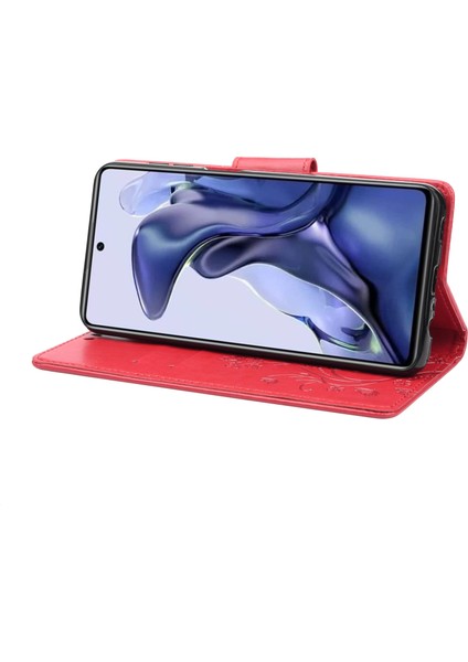 Xiaomi Poco X4 Pro 5g Kelebek Çiçeği Baskı Cüzdan Kılıf Pu Pu Deri Bilek Kayışı Stand Özellik Koruyucu Kapak-Kırmızı (Yurt Dışından)
