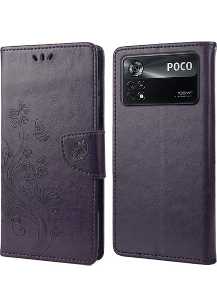 Xiaomi Poco X4 Pro 5g Kelebek Çiçeği Baskı Cüzdan Pu Pu Pu Deri Bilek Kayışı Stand Özellik Koruyucu Kapak Morası (Yurt Dışından)