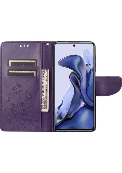 Xiaomi Poco X4 Pro 5g Kelebek Çiçeği Baskı Cüzdan Pu Pu Pu Deri Bilek Kayışı Stand Özellik Koruyucu Kapak Morası (Yurt Dışından)