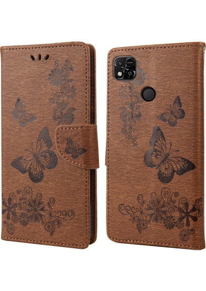 Xiaomi Için Redmi 10A Pu Deri Kelebek Çiçeği Baskılı Kılıf Stand Cüzdan Tasarım Telefon Koruyucu Kapak Kahverengi (Yurt Dışından)