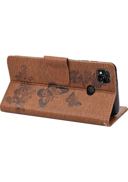 Xiaomi Için Redmi 10A Pu Deri Kelebek Çiçeği Baskılı Kılıf Stand Cüzdan Tasarım Telefon Koruyucu Kapak Kahverengi (Yurt Dışından)