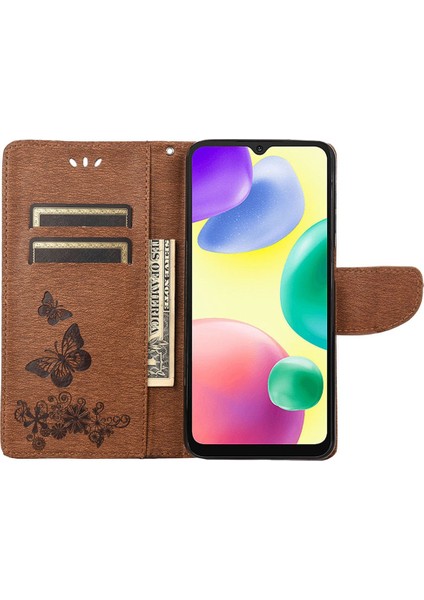 Xiaomi Için Redmi 10A Pu Deri Kelebek Çiçeği Baskılı Kılıf Stand Cüzdan Tasarım Telefon Koruyucu Kapak Kahverengi (Yurt Dışından)