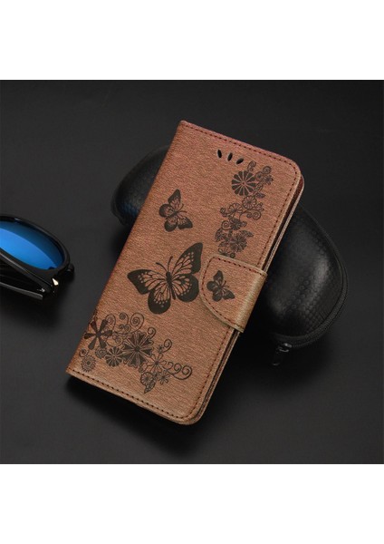 Xiaomi Için Redmi 10A Pu Deri Kelebek Çiçeği Baskılı Kılıf Stand Cüzdan Tasarım Telefon Koruyucu Kapak Kahverengi (Yurt Dışından)