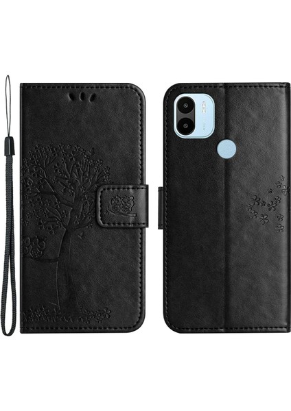 Manyetik Toka Telefon Kapağı Xiaomi Redmi A1 4g/a2 4g Anti-Çizgi Pu Deri Baskılı Baykuş Ağacı Desen Telefon Kılıf Stand-Black (Yurt Dışından)