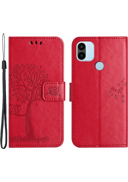 Manyetik Toka Telefon Kapağı Xiaomi Redmi A1 4g/a2 4g Anti-Çizgi Pu Deri Baskılı Baykuş Ağacı Desen Telefon Kılıfı Stand-Red (Yurt Dışından)