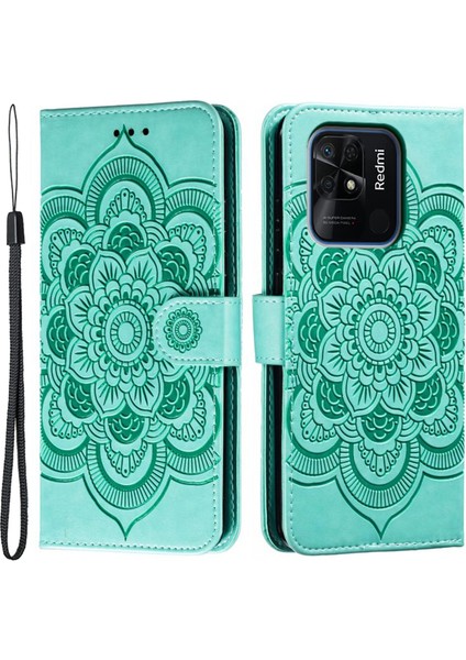 Xiaomi Redmi 10C 4g Pu Deri Cüzdan Stand Kılıfı Mandala Çiçek Telefonu Kapak Yeşil (Yurt Dışından)