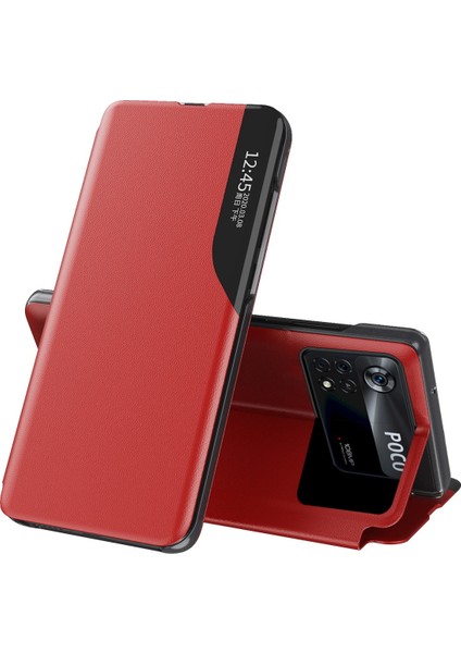 Xiaomi Için Poco X4 Pro 5g Görünüm Pencere Flip Kapak Pu Deri Stand Tam Vücut Koruyucu Kılıf Kırmızısı (Yurt Dışından)