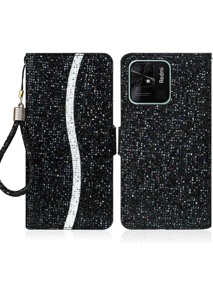 Xiaomi Redmi Için 10C Glitter Pu Deri Telefon Kılıfı Stand Manyetik Kapanma Bling El Çantası Şok Geçirmez Flip Kapak El Strap-Black (Yurt Dışından)