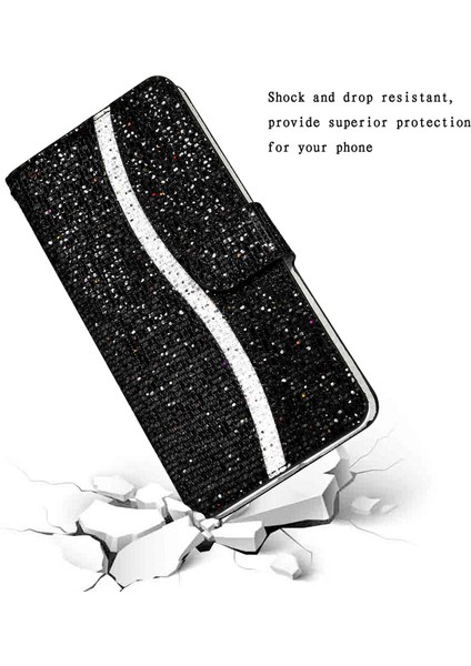 Xiaomi Redmi Için 10C Glitter Pu Deri Telefon Kılıfı Stand Manyetik Kapanma Bling El Çantası Şok Geçirmez Flip Kapak El Strap-Black (Yurt Dışından) fırsatları