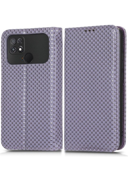 Xiaomi Poco C40 4g Şok Geçirmez Izgara Dokusu Pu Deri Deri Telefon Kılıf Standı Manyetik Otomatik Absorlanmış Telefon Cüzdan Kapak Işık Mor (Yurt Dışından)