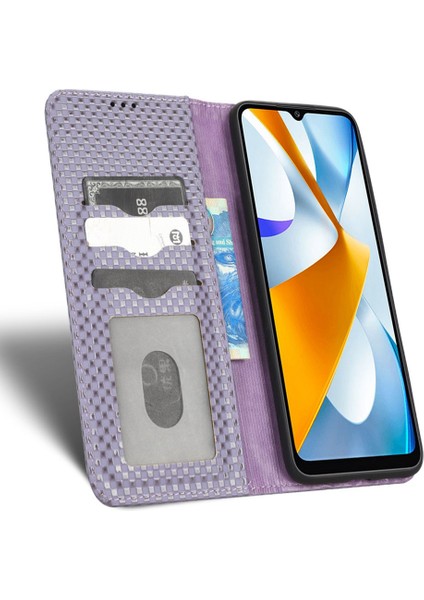 Xiaomi Poco C40 4g Şok Geçirmez Izgara Dokusu Pu Deri Deri Telefon Kılıf Standı Manyetik Otomatik Absorlanmış Telefon Cüzdan Kapak Işık Mor (Yurt Dışından)
