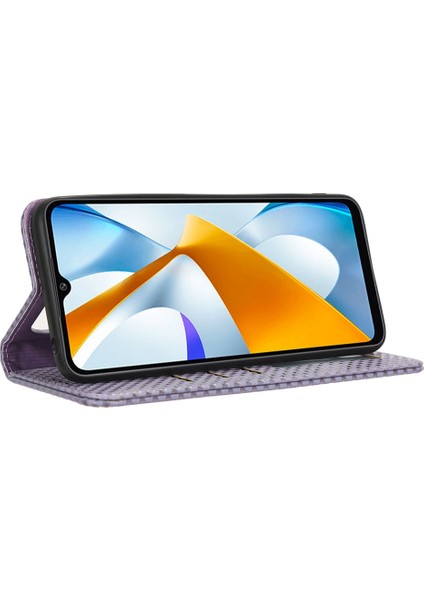 Xiaomi Poco C40 4g Şok Geçirmez Izgara Dokusu Pu Deri Deri Telefon Kılıf Standı Manyetik Otomatik Absorlanmış Telefon Cüzdan Kapak Işık Mor (Yurt Dışından)